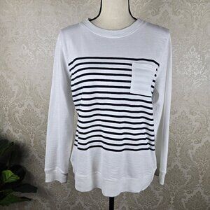 Talbots Size PM White Navy Blue Striped Lightweight Sweatshirt Chest Pocket NWT